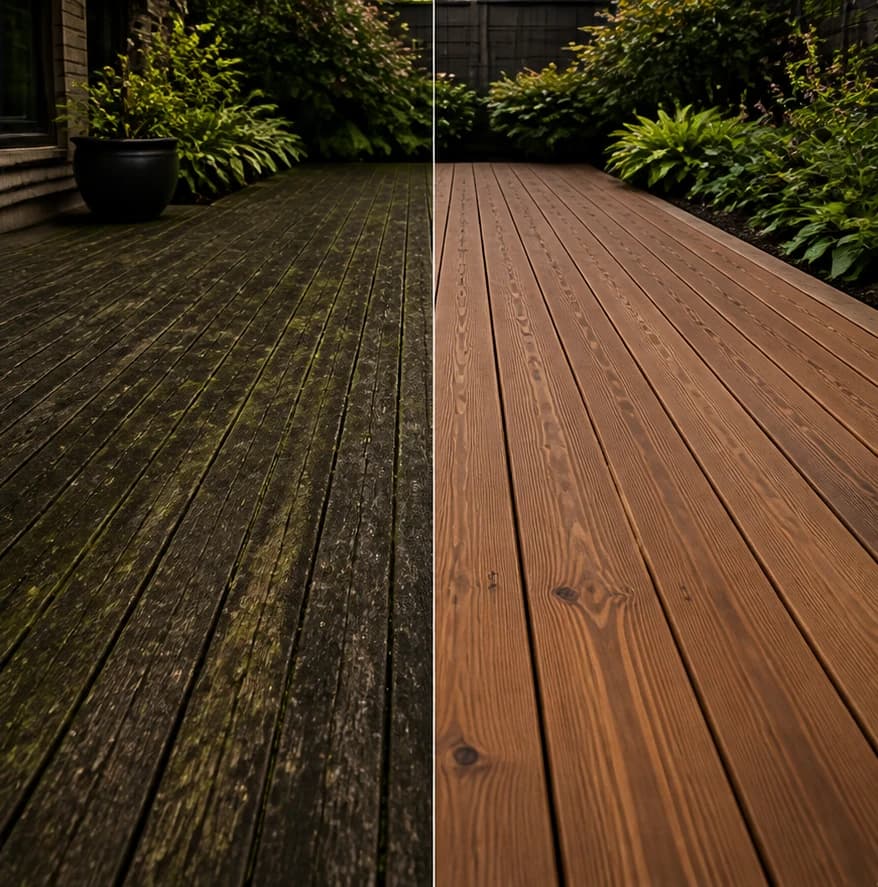 Decking before and after cleaning, with green growth removed from the boards