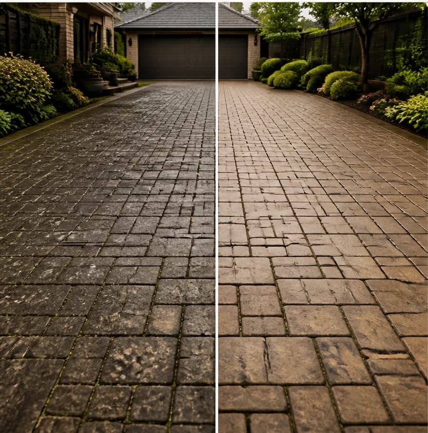 Before: Driveway before and after exterior cleaning