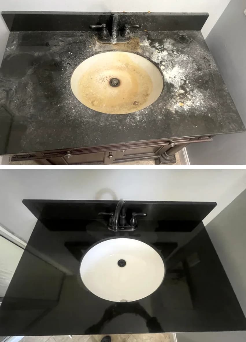 Sink and surrounding area before and after detailed cleaning