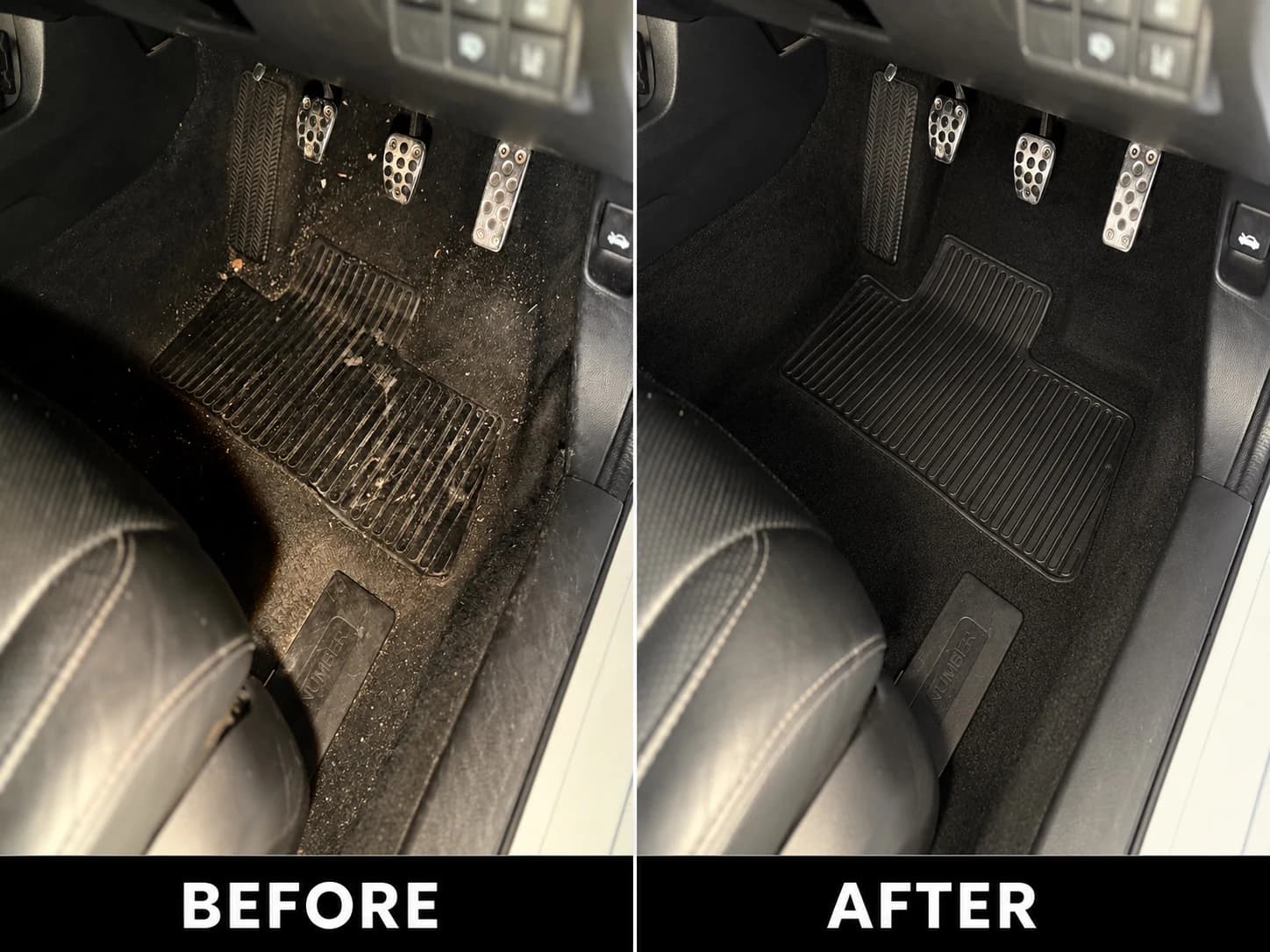 Honda Civic driver footwell before and after interior deep cleaning