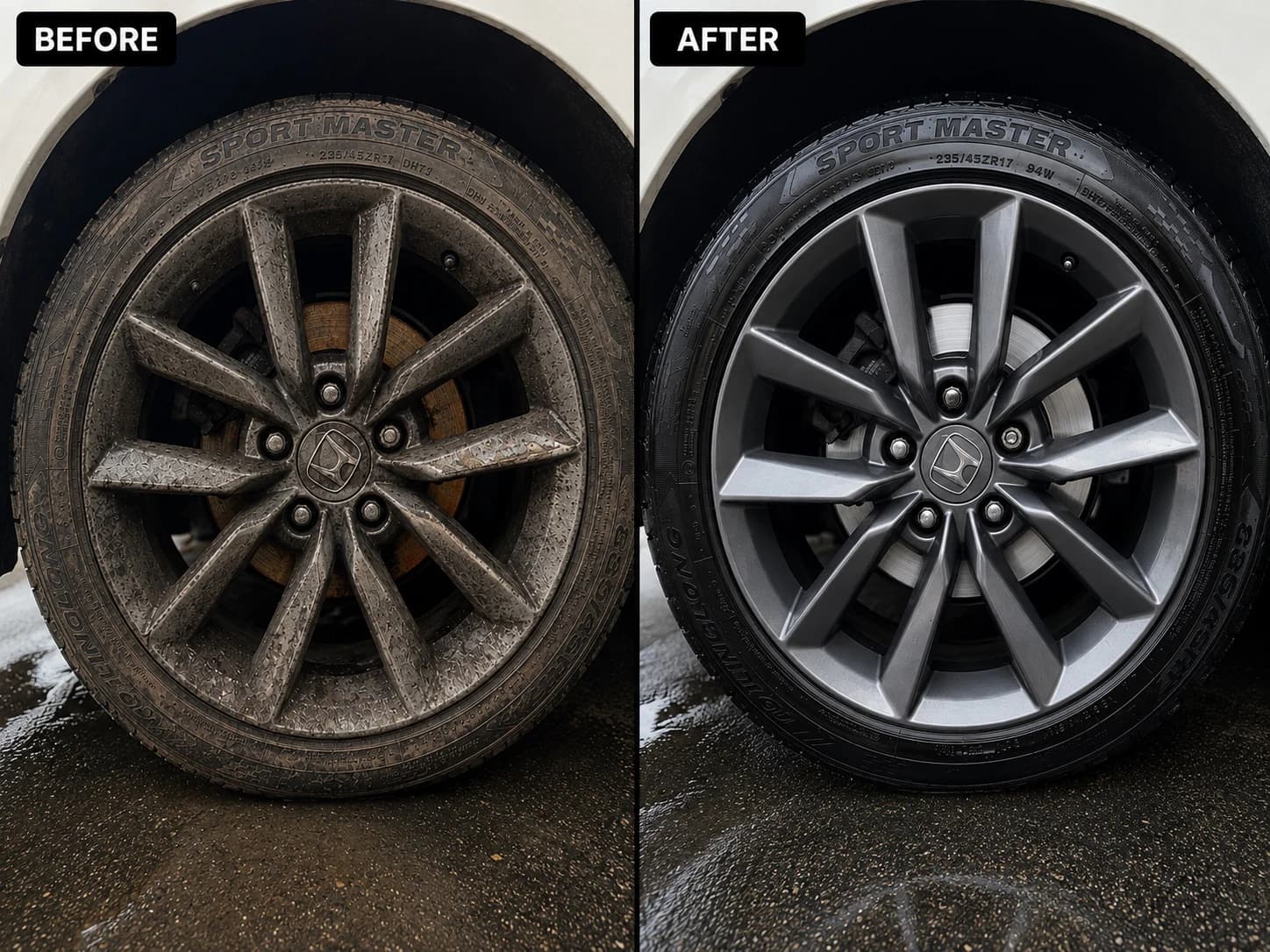 Honda Civic alloy wheel before and after detailed cleaning