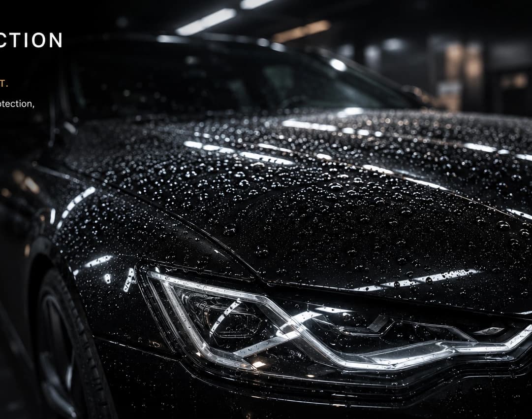 Water beading tightly across the bonnet of a glossy black vehicle after professional ceramic protection.