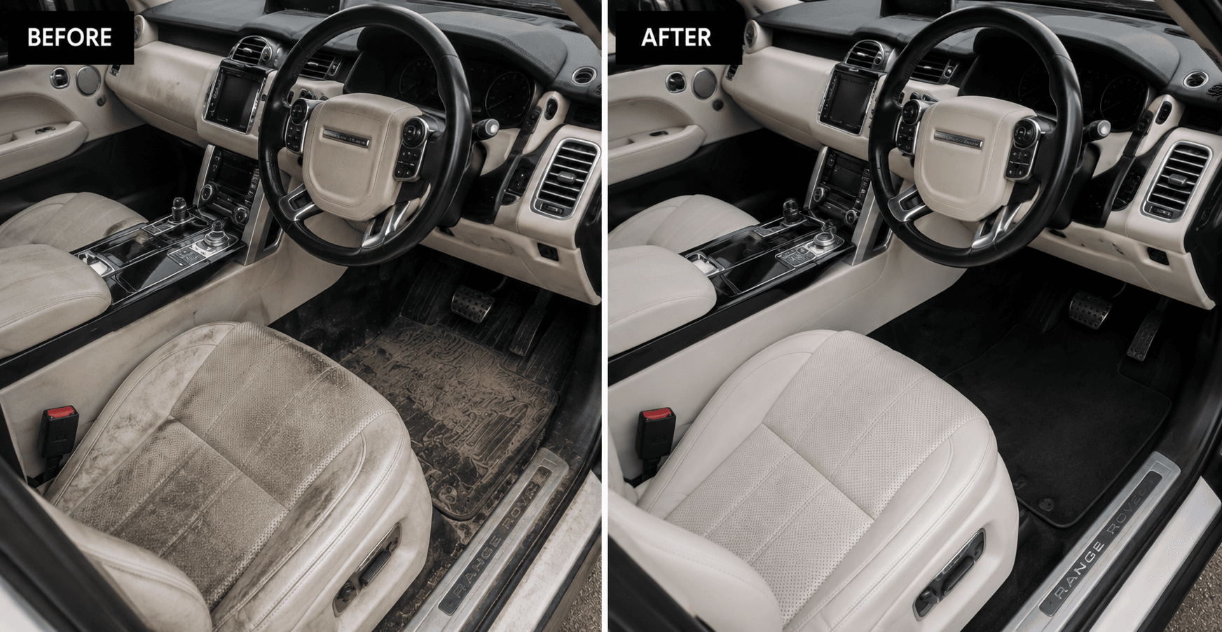 Wide side-by-side before-and-after view of a heavily soiled Range Rover cabin followed by the cleaned Gold Interior Detail result.