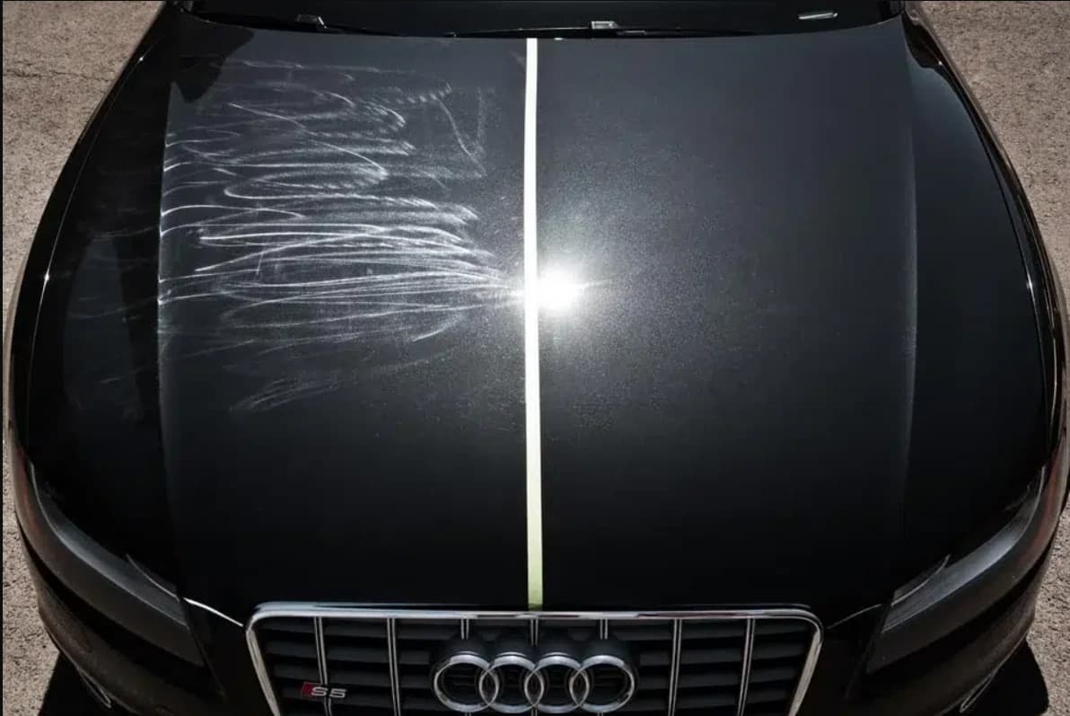 Split bonnet comparison illustrating heavy swirl marks beside a substantially clearer corrected paint finish.